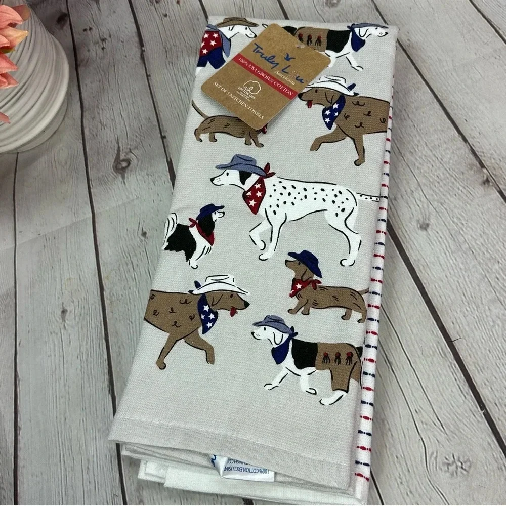 NWT truly lou americana cotton kitchen towel set of 3 with dogs in cowboy hats